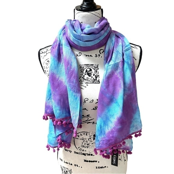 NWT Gypsy 05 Tie Dye Rayon Scarf with Pom Pom Tassels - Picture 2 of 9